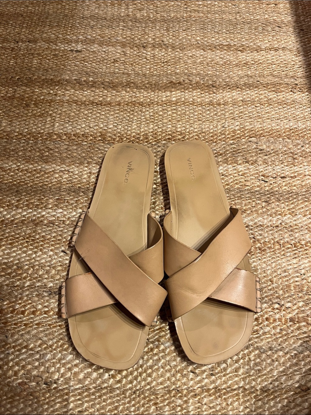 Vince Cross-Band Leather Slide Sandals in Tan